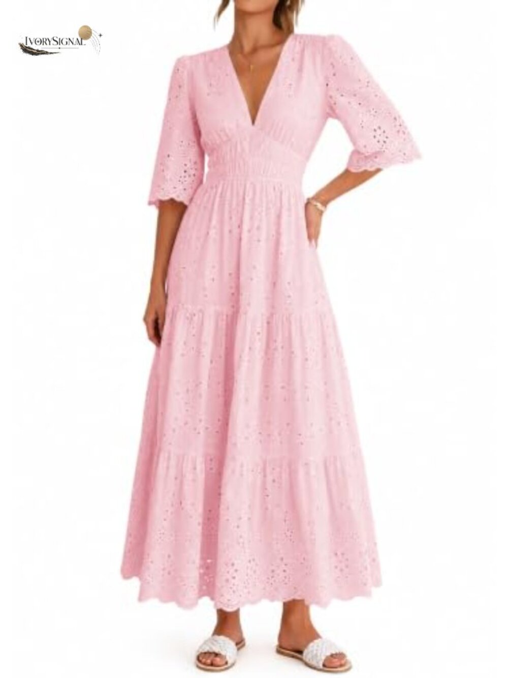 Lazysmile Womens 100% Cotton Hollow Out Maxi Dress Long Sleeve V Neck Wedding